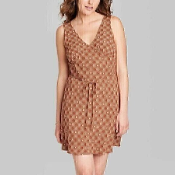 NEW NWT WILD FABLE Woven Slip Dress Brown Cream Ivory Plaid Floral Y2K Mini XL - Picture 1 of 12